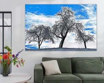 three bare fruit trees in winter mixed media
