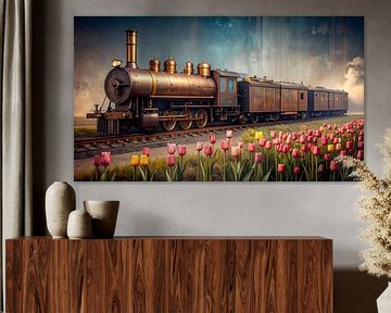 Vintage train among tulips... by Ans Bastiaanssen