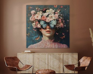 Bloemenkrans met Blauwe Vlinder van Blikvanger Schilderijen