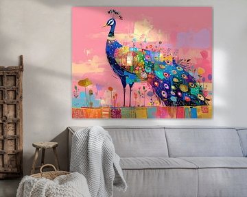 Peintures de paons - fleurs sous les plumes bleues