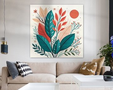 Sérénité botanique : Une composition abstraite vibrante de feuillage luxuriant et de flore fantaisiste sous un soleil chaud