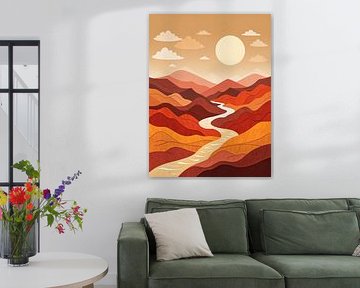 Sérénité au coucher du soleil : Une rivière sinueuse à travers des pics de terre cuite sous un ciel de désert doré - Impression d'art paysager dessiné à la main