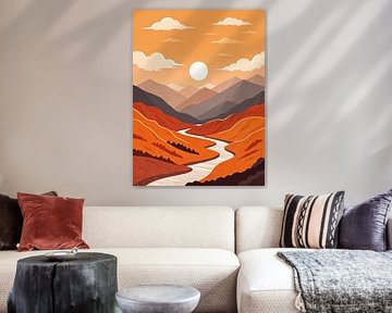 Sérénité au coucher du soleil : Rivière sinueuse traversant des vallées orange vif et des pics montagneux lointains