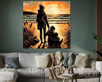 Mutter und Kinder am Strand