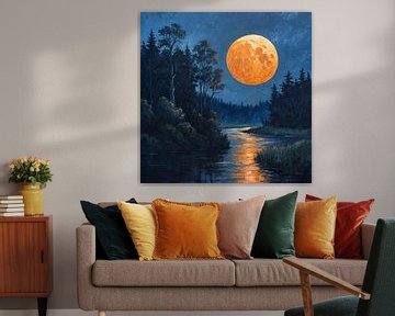 Karmijnrode bol over groene nocturne: Een serene rivier's dans onder de majestueuze jagersmaan van Artistic
