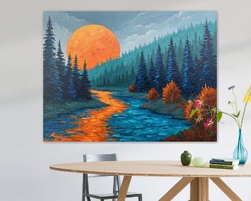Crimson Orb's Embrace: Een lichtgevende rivier stroomt door de fluisteringen van de schemering en de saffieren bossen van Artistic