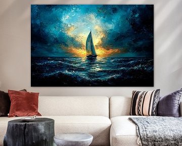Zeilboot op zee bij zonsondergang van Art & Soul Creations