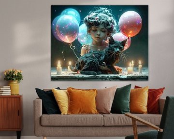 Girl with balloons and cat... by Ans Bastiaanssen