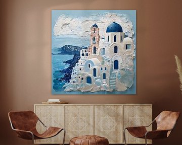 Structured acrylic painting of a Mediterranean coastal village by Ljupka Kareska