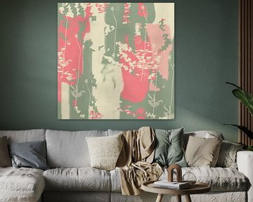 Moderne botanische kunst. Witte klaprozen op saliegroen, roze, wit van Dina Dankers