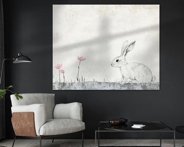 Rustig Schilderij van een Konijn en Bloemen van Zen en Meer