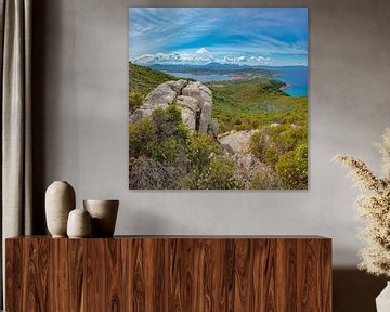 Uitzicht over de golf van Aranci en de Middellandse zee vanaf Monte Ruju, Golfo Aranci, Sardinia, Italië van Rene van der Meer