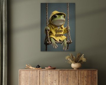 Frog on a swing in the rain
