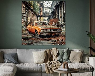 Verloren plaats Opel Manta oranje verroest vergeten industriële hal van gm_designs