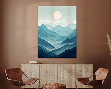 Grand paysage minimaliste d'une chaîne de montagnes avec soleil serein et vallées brumeuses