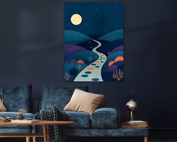 Voyage nocturne céleste : Un chemin serein sous la pleine lune et les étoiles scintillantes