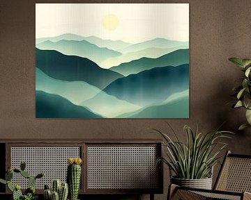 Majestic Mountain Serenity: An Abstract Landscape of Rolling Peaks and a Gentle Sun in Cool Green Hues by Artistic