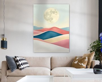 Desert Dreams Under the Luminous Full Moon: A Modern Abstract Landscape of Rolling Dunes in Pastel Hues by Artistic