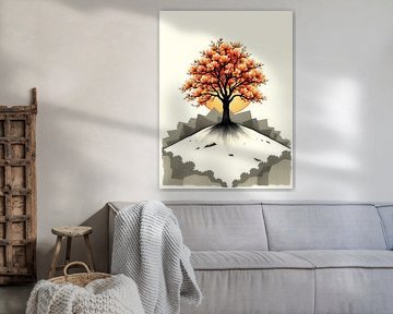 Serene Autumn Bloom: A Vibrant Tree of Life Ascending a Mountain with Golden Sunset Glow and Intricate Roots by Artistic