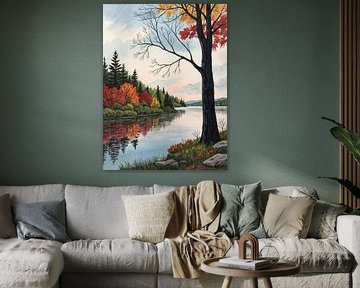 Sérénité automnale au bord d'un lac : Reflets vibrants de la forêt sur des eaux tranquilles