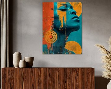 Digital Rebellion - Portret van een vrouw in turquoise en oranje collage van MArt