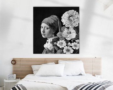 Meisje met de Parel - Black and White Floral Edition van Marja van den Hurk