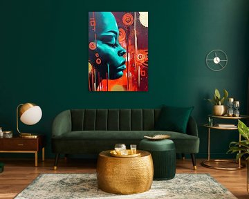 Neon Dreams - Female profile in turquoise with orange graffiti E by MArt