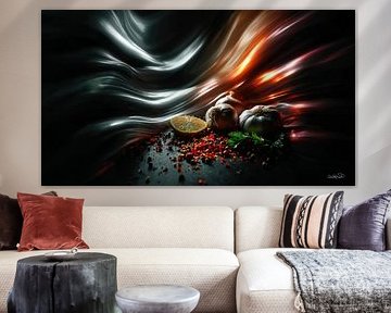 red peppers - garlic - lime - lemon on a black background with dramatic light