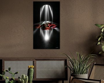 rote Paprika - Knoblauch - Limette - Zitrone auf schwarzem Hintergrund mit dramatischem Licht