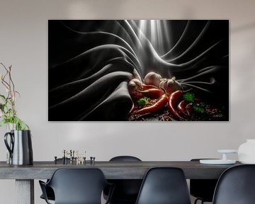 rode pepers - knoflook - limoen - citroen op een zwarte achtergrond met dramatisch licht van Gelissen Artworks