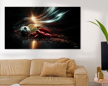 rode pepers - knoflook - limoen - citroen op een zwarte achtergrond met dramatisch licht van Gelissen Artworks