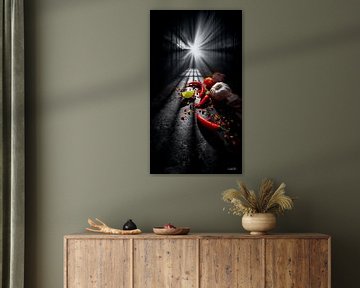 rode pepers - knoflook - limoen - citroen op een zwarte achtergrond met dramatisch licht van Gelissen Artworks