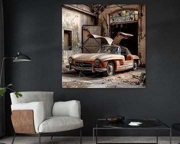 Lost Place Mercedes 300 SL portes papillon orange cuivre atelier