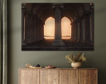 Stoa Hall with Ionic columns and sea view at sunset by Besa Art