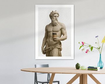 Tides & Lattes - Poseidon with coffee-to-go | Digital poster in beige & cream | Modern mythology meets everyday ritual by Lumière Noire Studio