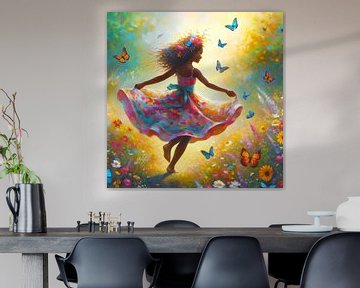 La jeune fille danse avec des fleurs et des papillons sur Tatjana Korneeva