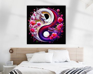 Yin-Yang draak met kersenbloesems - gekleurde illustratie van A.D. Digital ART