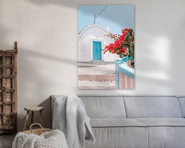 White church with flowers - Santorini ambience travel photography by Marit Hilarius