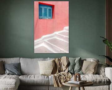 Mediterranean travel photography - Red Pink Wall with Blue Wooden Window by Marit Hilarius