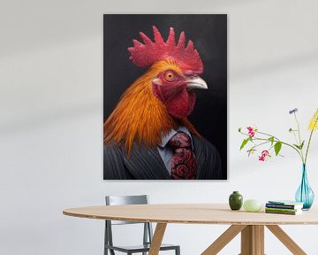 Elegante haan in een pak - surrealistisch dierenportret met rode krawa van MArt