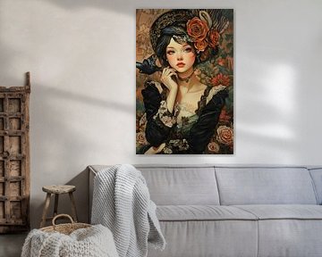Rozen Vrouw | Jonge Vrouw met Bloemen en Vogel van ARTEO Schilderijen