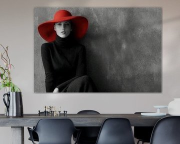 woman black and white with red accents
