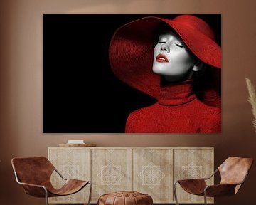 woman black and white with red accents