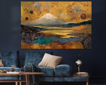Gouden landschappen met berg en rivier van Whale & Sons