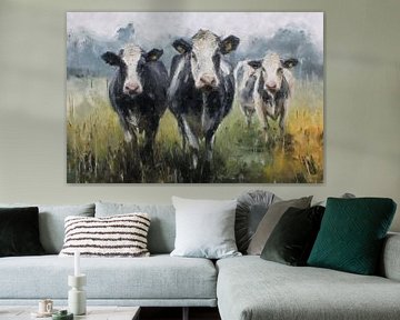 Drie nieuwsgierige koeien in de ochtendmist van Whale & Sons