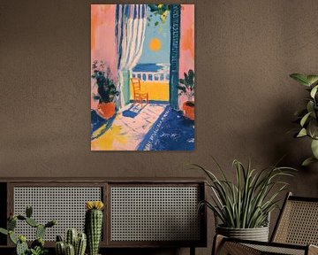Gouache Balkon mit Meer und Matisse-Farben