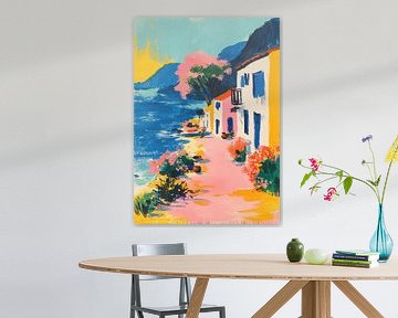 Colourful coastal village gouache in vintage style by Niklas Maximilian