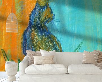 Kattenstudie in oranje en blauw