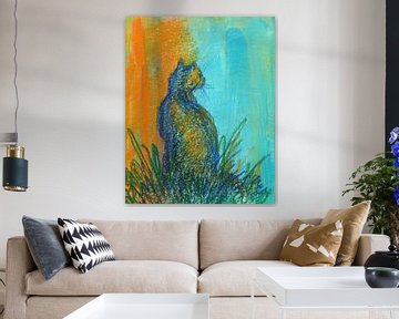 Cat study in orange and blue by Karen Kaspar