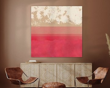 Moderne abstracte zonsondergang in rood, beige, wit. van Dina Dankers